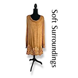 NWT! Soft Surroundings Renee Embroidered Silk Cowl Tunic 2pc Tawny Brown Size 2X